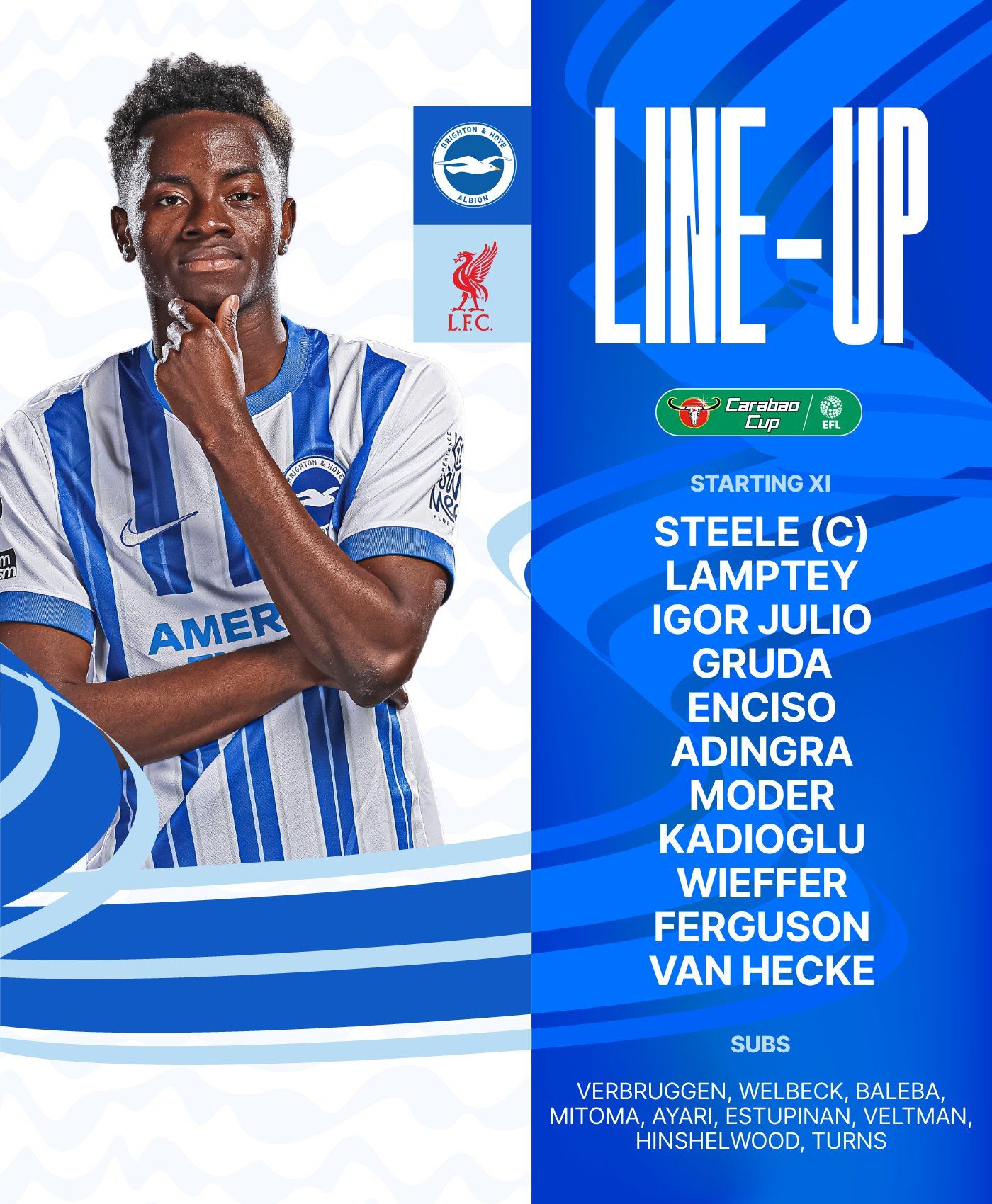 Our Albion v Liverpool starting XI graphic featuring Simon Adingra alongside our team: Steele (C), Lamptey, Igor Julio, Gruda, Enciso, Adingra, Moder, Kadioglu, Wieffer, Ferguson, van Hecke. Subs: Verbruggen, Welbeck, Baleba, Mitoma, Ayari, Estupinan, Veltman, Hinshelwood, Turns. Come on Albion!