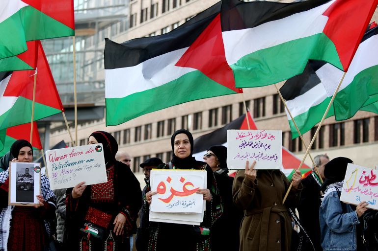 BERLIN, GERMANY - MARCH 29: People supportive of Palestine gather to commemorate Land Day on March 29, 2025 in Berlin, Germany. Land Day marks the 1976 confiscation by Israel of approximately 20 square kilometers of Arab land, which led to protests and bloodshed. Meanwhile in Gaza, Israeli forces have renewed airstrikes after abandoning the ceasefire. (Photo by Maryam Majd/Getty Images)