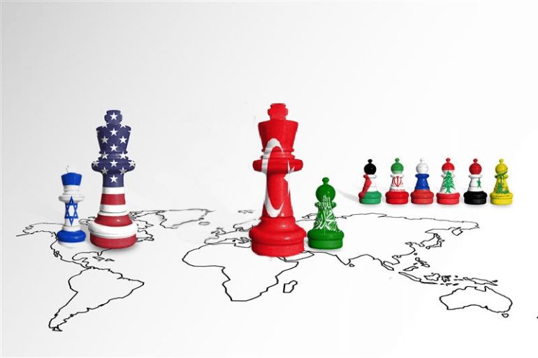 Chess made from Israel, USA, Palestine, Iran, Russia, Lebanon, Syria, Hezbollah and Hamas flags on a world map. Gaza and Israel war. Israel Defense Forces or IDF