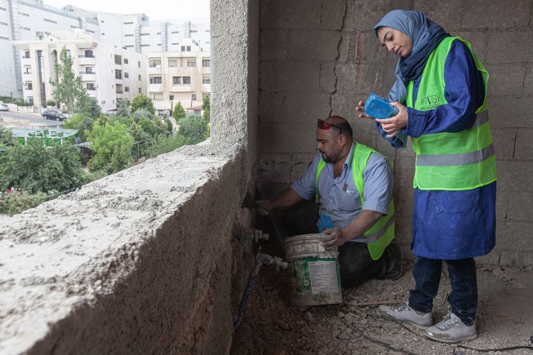 AMMAN, JORDAN - MAY 20, 2017: Jordanian female plumber Rana Emad, 21, works at a construction site in Amman. Labor force participation rate among females in Jordan stood at 15% in 2016.; Shutterstock ID 2524886605; purchase_order: aj; job: ; client: ; other: