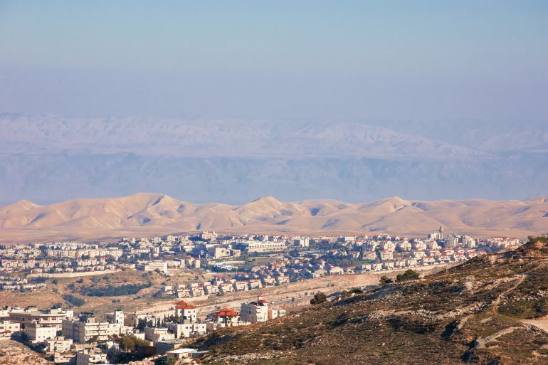 View of Judaean Desert and Maale Adumim town in haze from Mount Scopus in Jerusalem