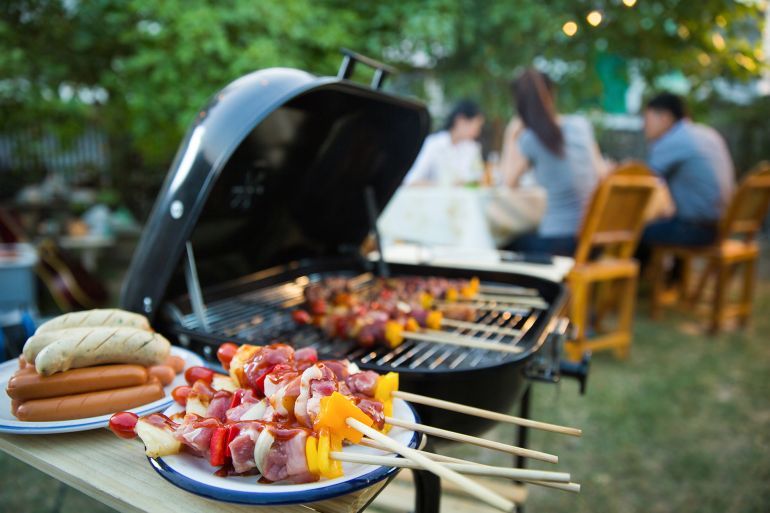 Dinner party, barbecue and roast pork at night