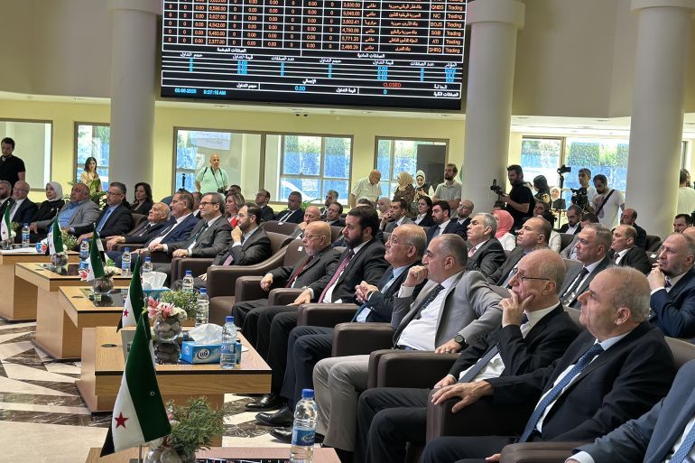 DAMASCUS, SYRIA - JUNE 02: The Damascus Securities Exchange has officially resumed operations after a long hiatus due to the civil war and political upheaval in Syria, on June 02, 2025, in Damascus, Syria. The opening ceremony was attended by prominent figures from Syria's interim government, including Minister of Economy and Industry Nidal al-Shaar, Minister of Communications and Information Technology Abdul Salam Haykal, Minister of Finance Mohammed Yisr Barnieh, and Central Bank Governor Abdelkader Hasriyye. Several company representatives and investors were also present at the event. (Photo by Hisam Hac Omer /Anadolu via Getty Images)