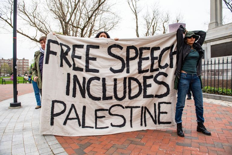 Demonstrators gather on Cambridge Common to protest Harvard's stance on the war in Gaza and show support for the Palestinian people, outside Harvard University in Cambridge, Massachusetts, April 25, 2025. (Photo by Joseph Prezioso / AFP)
