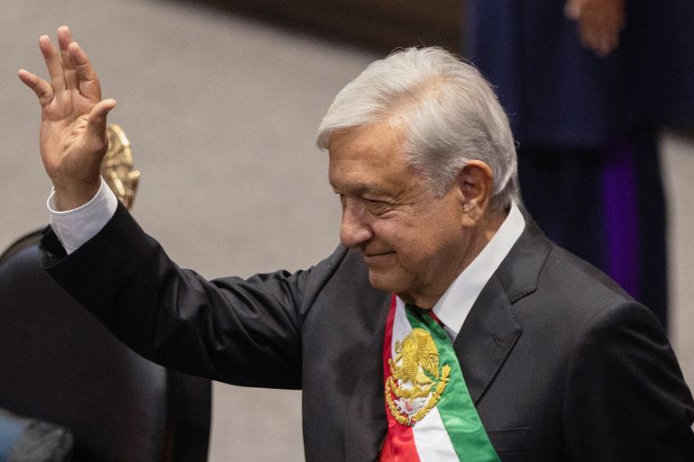 Mexico's President Andres Manuel Lopez Obrador gestures on the day of President-elect Claudia Sheinbaum's swearing in ceremony as Mexico's new President, at the Congress, in Mexico City, Mexico October 1, 2024. REUTERS/Quetzalli Nicte-Ha