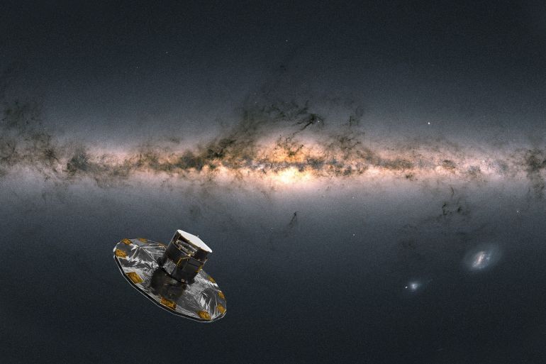Artist impression of ESA's Gaia satellite observing the Milky Way. The background image of the sky is compiled from data from more than 1.8 billion stars. It shows the total brightness and colour of stars observed by Gaia released as part of Gaia’s Early Data Release 3 (Gaia EDR3) in December 2020 Gaia observes the Milky Way المصدر: European Space Agency