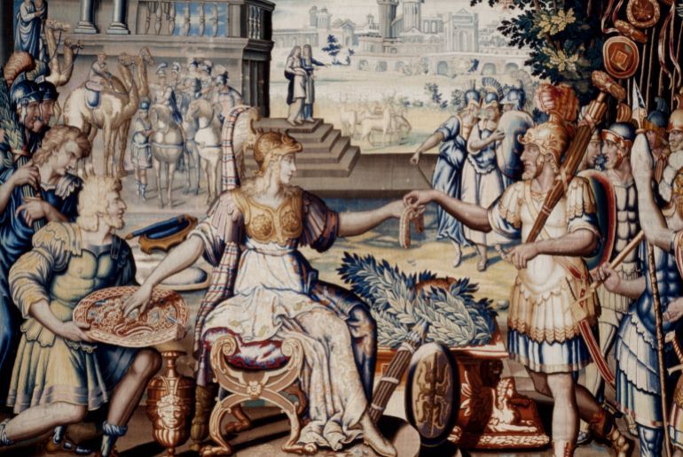 Intricate tapestry depicting historical scene with Roman soldiers, regal figures, and ancient architecture. Rich details in tapestry highlight Roman era and culture. Vintage artwork. Old illustration.