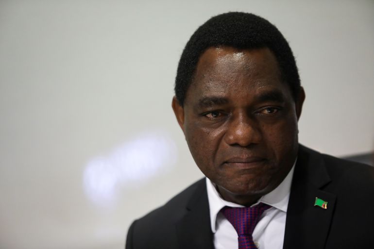 Zambian President Hakainde Hichilema looks on during an interview with Reuters at the Africa Mining Indaba 2022 which opened in Cape Town, South Africa, May 9, 2022. REUTERS/Shelley Christians