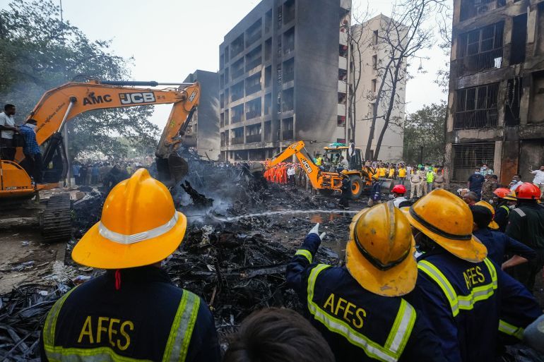 An Air India Boeing 787-8 Dreamliner, with 232 passengers and 10 crew members and pilots on board, crashes shortly after taking off from Ahmedabad airport. This incident is one of the worst aviation tragedies in India, and the aircraft is en route to London. The plane goes down in the Meghani area, creating a dark plume of smoke that is visible for kilometers. Other victims include doctors and medical students from a medical college in Ahmedabad, India, where the crash occurs on Thursday afternoon, June 12, 2025. (Photo by Saurabh Sirohiya/NurPhoto via Getty Images)