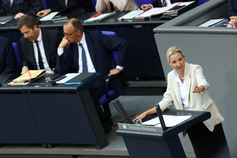 Alternative for Germany (AfD) co-leader Alice Weidel speaks during a plenum session of the lower house of parliament, the Bundestag, in Berlin, Germany May 14, 2025. REUTERS/Lisi Niesner