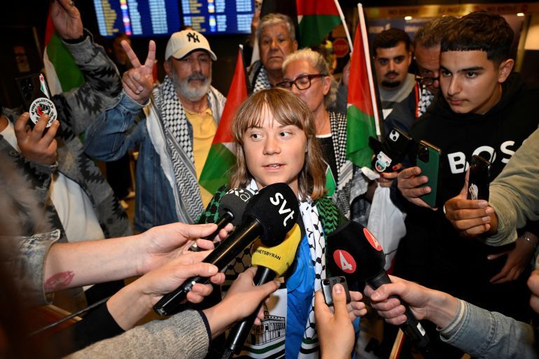 Swedish activist Greta Thunberg talks to journalists as she arrives at Arlanda airport outside Stockholm, Sweden, June 10, 2025. TT News Agency/Anders Wiklund via REUTERS ATTENTION EDITORS - THIS IMAGE WAS PROVIDED BY A THIRD PARTY. SWEDEN OUT. NO COMMERCIAL OR EDITORIAL SALES IN SWEDEN.