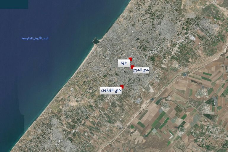 خريطة موضح عليها حي الدرج وحي الزيتون وموقعه من قطاع غزة