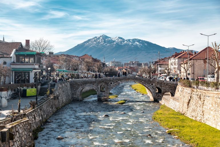 Prizren, Kosovo - 6 FEB 2024: The Lumbardhi i Prizrenit, or Prizren Bistrica is a river in Kosovo, flowing through Prizren, the second most populous city in Kosovo.