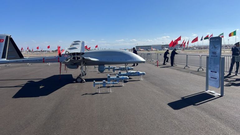 MARRAKECH, MOROCCO - NOVEMBER 1: Turkiye's unmanned combat aerial vehicle (UCAV) Baykar Bayraktar TB3 is exhibited at