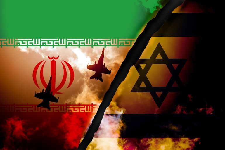 Iran vs Israel war. Israel vs Iran attacking arrows concept flags. Iran and Israel political conflict, economy, war crisis, relationship, trade concept. Muslims vs Jews war.
