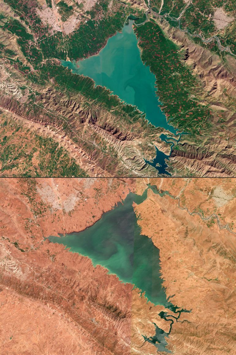 (COMBO) This combination of handout satellite pictures obtained from Planet Labs PBC and taken on (top to bottom) March 1 and June 6, 2024 show views of the reservoir of the Dukan Dam, northwest of Iraq's northeastern city of Sulaimaniyah in the autonomous Kurdistan region, where waters have been receding due to a mix of factors including lower rainfall, severe drought, and diversion of inflowing rivers from Iran.
