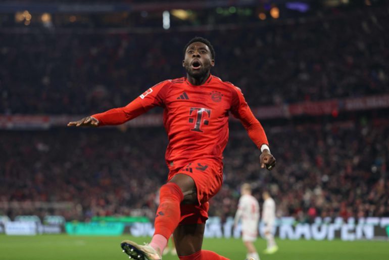 Bayern Munich's Canadian defender #19 Alphonso Davies celebrates his 5-1 during the German first division Bundesliga football match between FC Bayern Munich and RB Leipzig in Munich, southern Germany, on December 20, 2024. - DFL REGULATIONS PROHIBIT ANY USE OF PHOTOGRAPHS AS IMAGE SEQUENCES AND/OR QUASI-VIDEO
