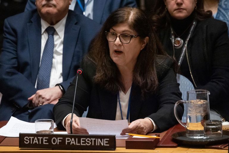 Palestine's Minister of State for Foreign Affairs and Expatriates Varsen Aghabekian speaks during a Security Council meeting at the United Nations headquarters, Monday, Jan. 20, 2025. (AP Photo/Yuki Iwamura)