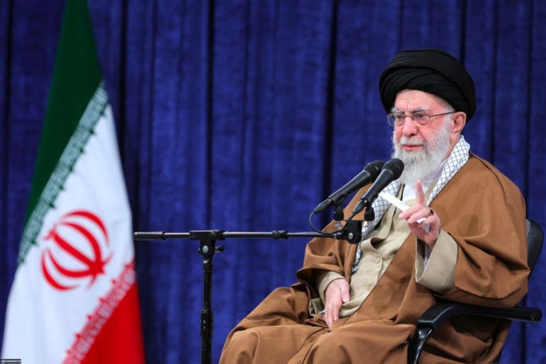 (FILES) This handout picture released by the office of Iran's Supreme Leader Ayatollah Ali Khamenei shows him speaking to members of Iran's air force in Tehran on February 7, 2025.