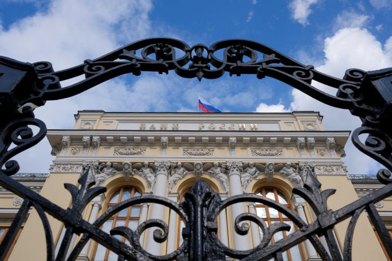 A view shows Russia's Central Bank headquarters in Moscow, Russia May 7, 2023. A sign reads: