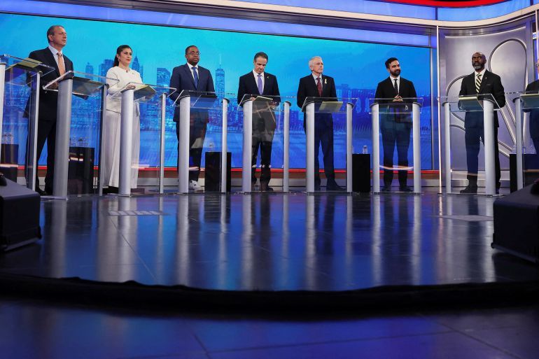 Democratic mayoral candidates Adrienne Adams, Brad Lander, Jessica Ramos, Zellnor Myrie, Andrew Cuomo, Whitney Tilson, Zohran Mamdani, Michael Blake and Scott Stringer participate in a Democratic mayoral primary debate, Wednesday, June 4, 2025, in New York. Yuki Iwamura/Pool via REUTERS