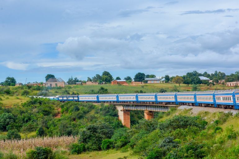 Tanzania Zambia Railways(TAZARA) Train going through tunnels and hills of Tanzania Mbeya Region. A high capacity train used by tourists and local commuters to travel in between Kapiri Mposhi and Dar.