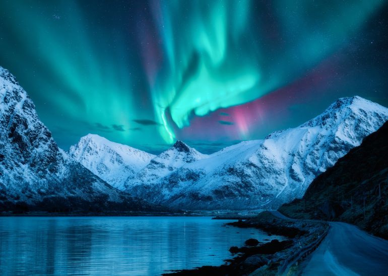 Northern lights over the snowy mountains, frozen sea, reflection in water at winter night in Lofoten, Norway. Aurora ...