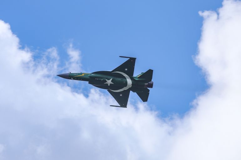 PAC JF-17 Thunder multirole combat aircraft, a fighter jet made in China and Pakistan. The Pakistani plane is painted with the country's flag as it belongs to Pakistan Air Force. The aircraft performed a flight demo, flying demonstration at the 53rd Paris Air Show at Le Bourget Airport in France on June 2019. The advanced and sophisticated fighter jet is developed jointly by the Pakistan Aeronautical Complex (PAC) and the Chengdu Aircraft Corporation (CAC) of China. (Photo by Nicolas Economou/NurPhoto via Getty Images)