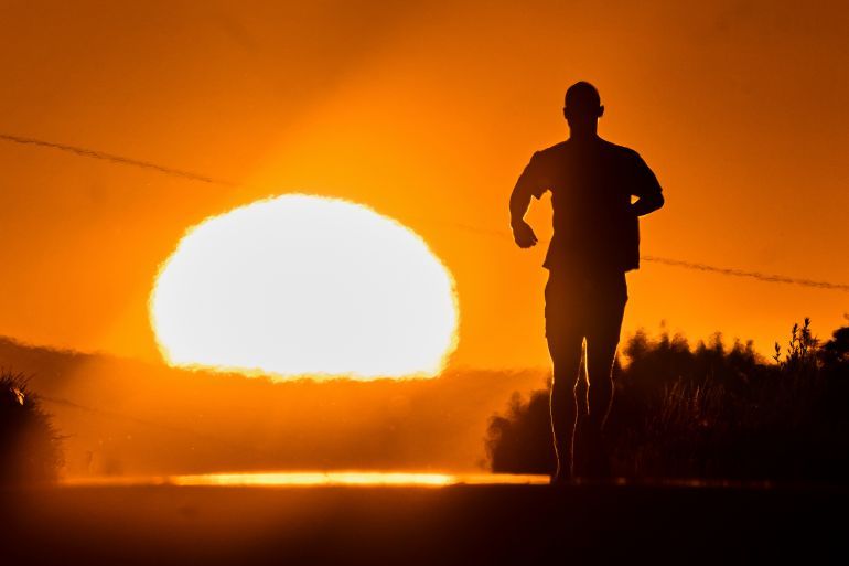 A man runs towards the rising sun on a small road in the outskirts of Frankfurt, Germany, Tuesday, July 1, 2025. (AP Photo/Michael Probst)