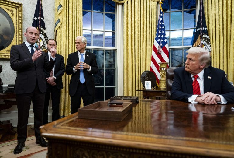 Mandatory Credit: Photo by Pool/ABACA/Shutterstock (15144822b)Stephen Miller, deputy White House chief of staff for policy, speaks while joined by Peter Navarro, White House senior counselor for trade and manufacturing, right, during an executive order signing with US President Donald Trump in the Oval Office of the White House in Washington, DC, US, on Monday, Feb. 10, 2025. Trump ordered a 25% tariff on steel and aluminum imports, escalating his efforts to protect politically important US industries with levies hitting some of the country's closest allies. President Trump Signs An Executive Order - DC, Washington - 10 Feb 2025