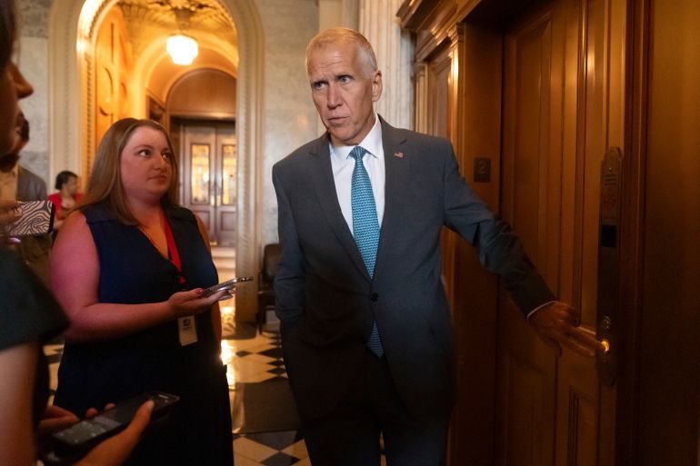 Sen. Thomas Tillis, R-N.C., speaks to reporters as Republicans begin a final push to advance President Donald Trump's tax breaks and spending cuts package, at the Capitol in Washington, Monday, June 30, 2025. (AP Photo/Mark Schiefelbein)