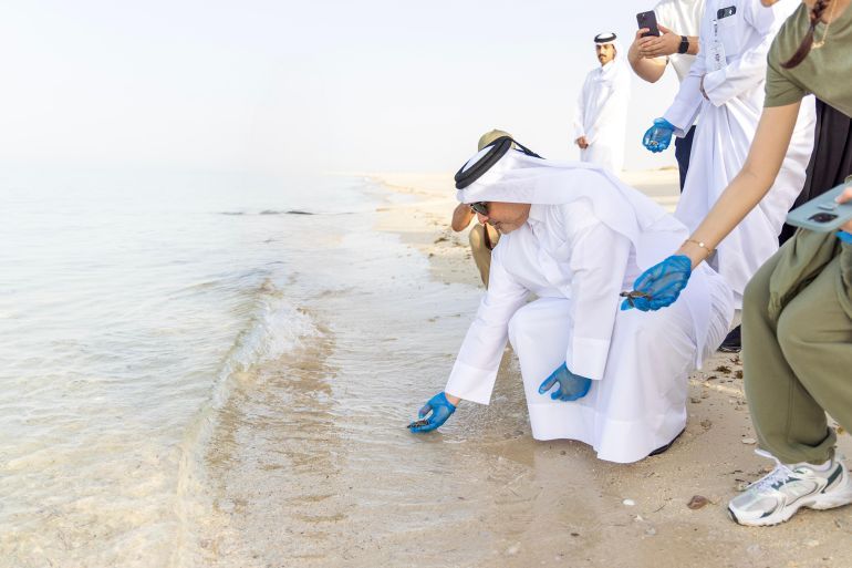 وزير البيئة خلال مشاركتة فى إطلاق صغار السلاحف – الجزيرة