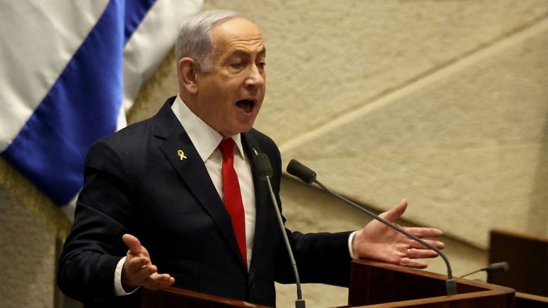 FILE PHOTO: Israeli Prime Minister Benjamin Netanyahu speaks at the plenum, during a discussion on the subject of hostages kidnapped during the deadly October 7, 2023 attack, in Israel's parliament, the Knesset, in Jerusalem, November 18, 2024. REUTERS/Ronen Zvulun/File Photo