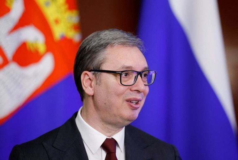 FILE PHOTO: Serbia's President Aleksandar Vucic attends a press conference following a meeting with Russian President Vladimir Putin at the Kremlin in Moscow, Russia, May 9, 2025. REUTERS/Maxim Shemetov/Pool/File Photo