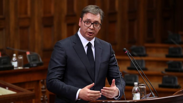 Serbia's President Aleksandar Vucic speaks in the Serbian Parliament in Belgrade, Serbia, May 27, 2019. REUTERS/Marko Djurica