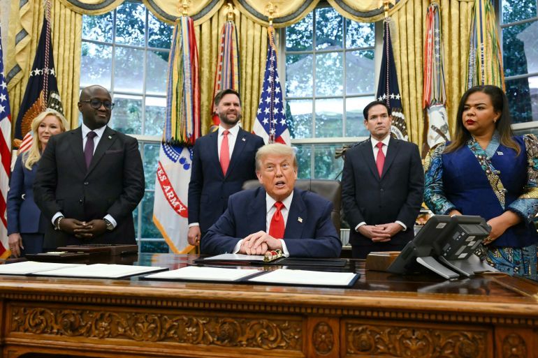 TOPSHOT - US President Donald Trump speaks during a meeting with Democratic Republic of the Congo Foreign Minister Thérèse Kayikwamba Wagner (R) and Rwandan Foreign Minister Olivier Nduhungirehe (2nd-L) in the Oval Office of the White House in Washington, DC, on June 27, 2025. Also in the meeting, US Vice President JD Vance (3rd-L) and US Secretary of State Marco Rubio (2nd-R)