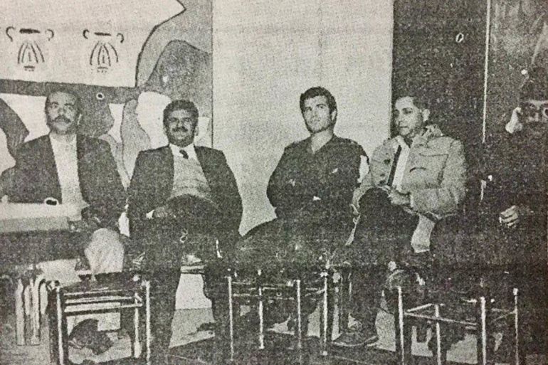 مصطفى دودين مع مناحم ملسون والحاكم العسكري الإسرائيلي في الخليل إيگال كرمون ورئيسي رابطة نابلس ورابطة رام الله.