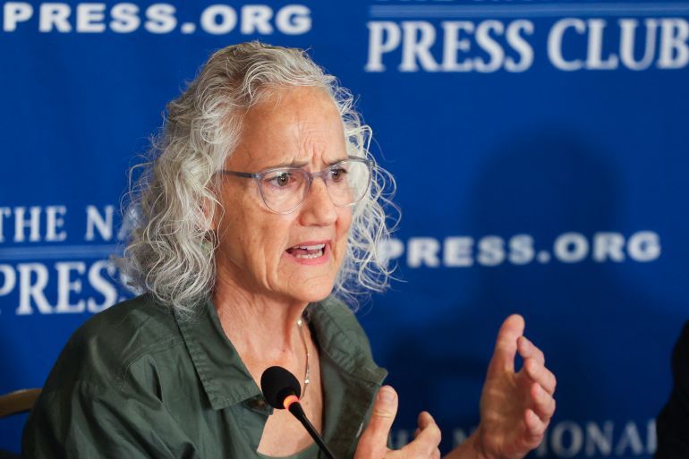 Debra Tice, mother of missing US journalist Austin Tice who disappeared while reporting in Syria in August 2012, speaks during an event at the National Press Club on August 14, 2025 in Washington, DC.