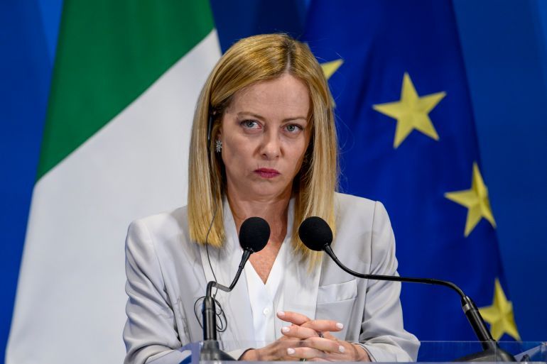 ROME, ITALY - JULY 10: Italian Prime Minister Giorgia Meloni and Ukrainian President Volodymyr Zelensky (not in picture) hold a joint press conference during the Ukraine Recovery Conference 2025 (URC2025) at Roma Convention Center La Nuvola, on July 10, 2025 in Rome, Italy. The fourth annual Ukraine Recovery Conference is taking place in Rome on July 10-11, bringing together governments and organizations from the international community committed to the long-term reconstruction of Ukraine, amid Russia's full-scale invasion. (Photo by Antonio Masiello/Getty Images)