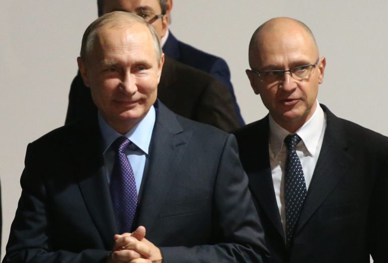 MOSCOW, RUSSIA - NOVEMBER 3: (RUSSIA OUT) Russian Presidential Administration First Deputy Chief of Staff Sergey Kiriyenko (R) and President Vladimir Putin (L) seen during a meeting with participants of the Active Citizens Forum on November, 3, 2016 in Moscow, Russia. Vladimir Putin today dismissed claims that Russia is interfering in the U.S. presidential elections. (Photo by Mikhail Svetlov/Getty Images)