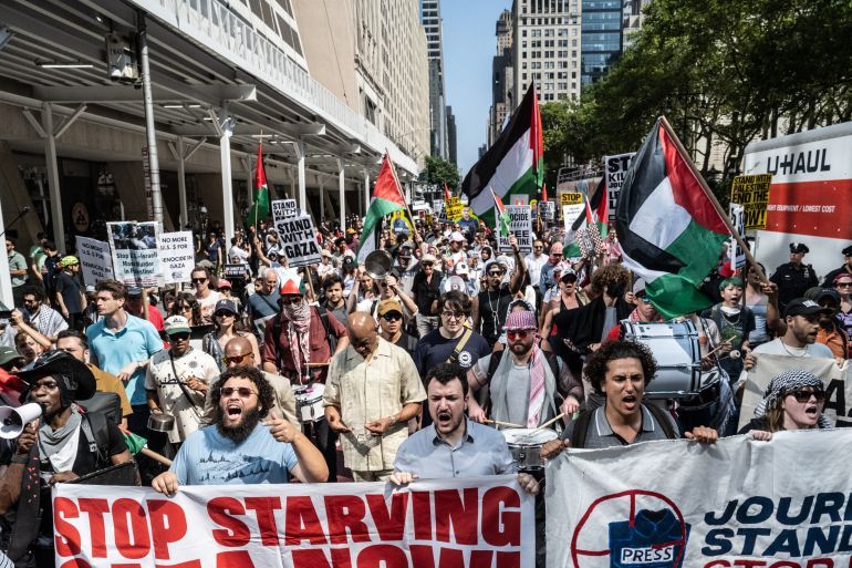 NEW YORK, NEW YORK - AUGUST 16: Mahmoud Khalil, former Columbia University graduate student known for his role in the 2024 Columbia University pro-Palestinian protests, leads a Pro-Palestinian 