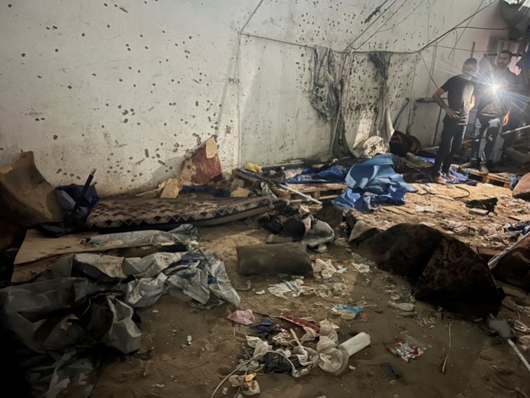 Palestinians inspect the site of an Israeli strike where Al Jazeera says its journalists Anas Al Sharif, Mohammed Qreiqeh and three photojournalists were killed, in Gaza City, August 11, 2025. REUTERS/Ebrahim Hajjaj