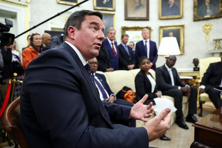 South African Agriculture Minister John Steenhuisen speaks, as U.S. President Donald Trump meets with South African President Cyril Ramaphosa, in the Oval Office of the White House in Washington, D.C., U.S., May 21, 2025. REUTERS/Kevin Lamarque/File Photo