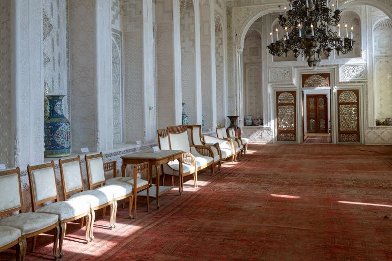 BUKHARA, UZBEKISTAN - SEPTEMBER 10, 2022: Interior of the White Hall in the Reception Palace. Country residence of the Bukhara emirs. Sitori-i-Mokhi Khosa palace; Shutterstock ID 2523276439; purchase_order: aj; job: ; client: ; other: