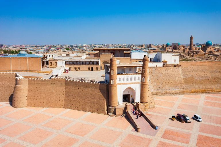 Entrance gate of the Ark of Bukhara aerial panoramic view, an ancient massive fortress located in Bukhara city, Uzbekistan; Shutterstock ID 2220041899; purchase_order: aj; job: ; client: ; other: