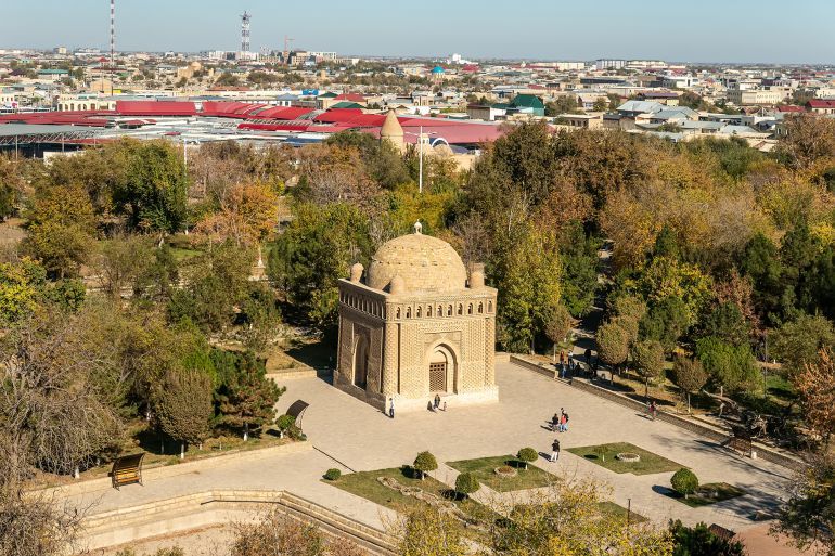Awesome view of the Samanid Mausoleum in Bukhara, Uzbekistan. The ancient building is the only surviving monument from the Samanid era. Bukhara is a popular tourist attraction of Central Asia.