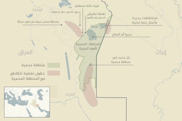 خريطة توضح المناطق المحمية وحقول النفط المتداخلة مع المناطق المحمية، وأعمال الاستكشافات الجديدة لحقول النفط في أهوار الحويزة. تصميم: بليسماركس .