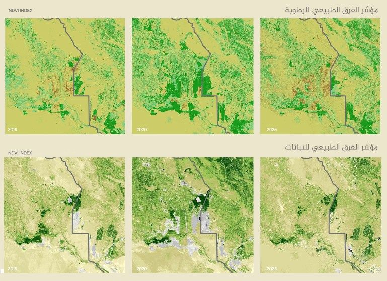 تحليل حالة صحة الغطاء النباتي باستخدام بيانات متعددة الأطياف من القمر الصناعي سينتينيل 2، مع التركيز بشكل خاص على مؤتمر الاختلاف النباتي الطبيعي (NDVI)، ومؤشر الاختلاف الرطوبي الطبيعي (NDMI) للسنوات 2018 و2020 و2025. يمكن ملاحظة زيادة في تدهور النظام البيئي في المناطق الرطبة، مع توسع في المناطق غير المغطاة بالنباتات (المظللة باللون البني). © بيانات الخرائط: Copernicus Sentinel L2A، المعالجة والتحليل: Placemarks