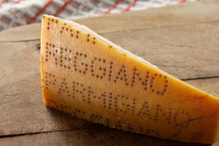 A view of a block of parmigiano reggiano.
