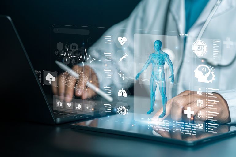 Medical technology: Doctors using advanced AI technology. Virtual medical tools and technology advancements. Artificial intelligence. AI deep learning. Medical research. Future technological precision